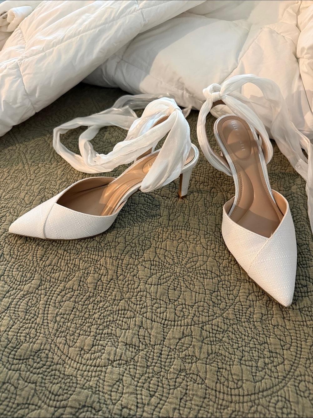 Kelly & Katie White Pointed Ankle-Tie Heels